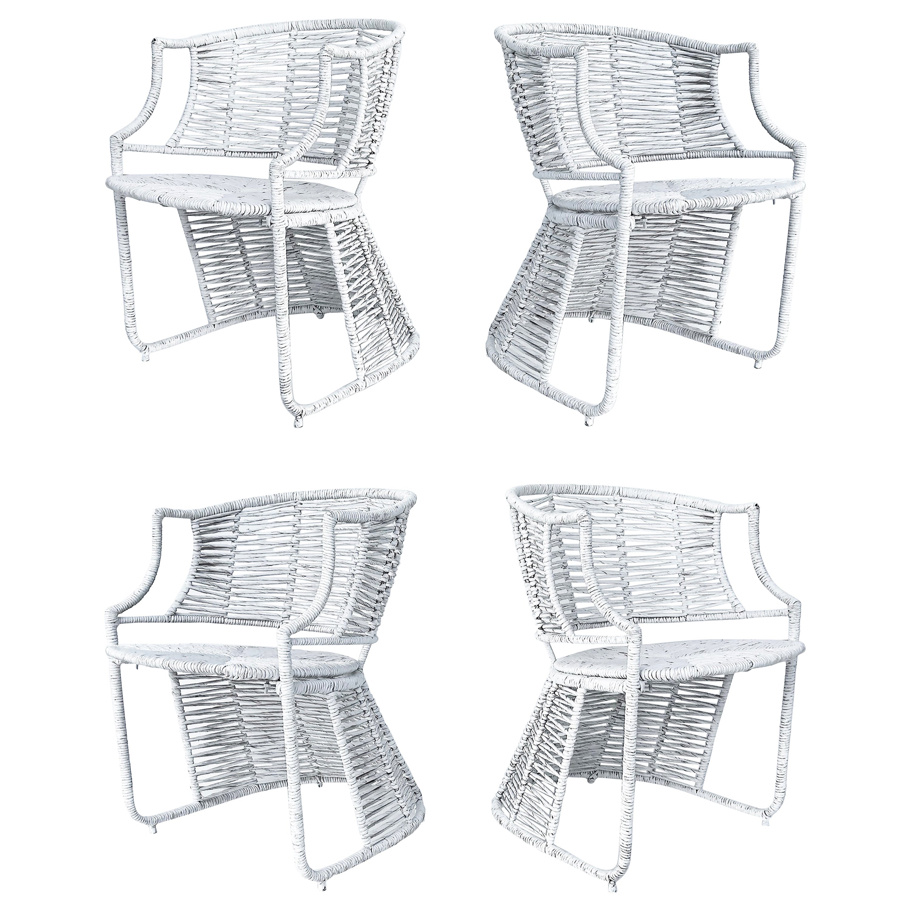Vintage Painted Rush Wrapped Woven Armchairs with Metal Frames, Set of 4   For Sale