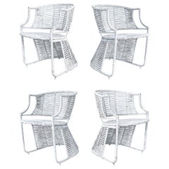 Vintage Painted Rush Wrapped Woven Armchairs with Metal Frames, Set of 4  