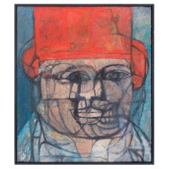 Vintage Abstracted Man in Red Hat Oil on Canvas