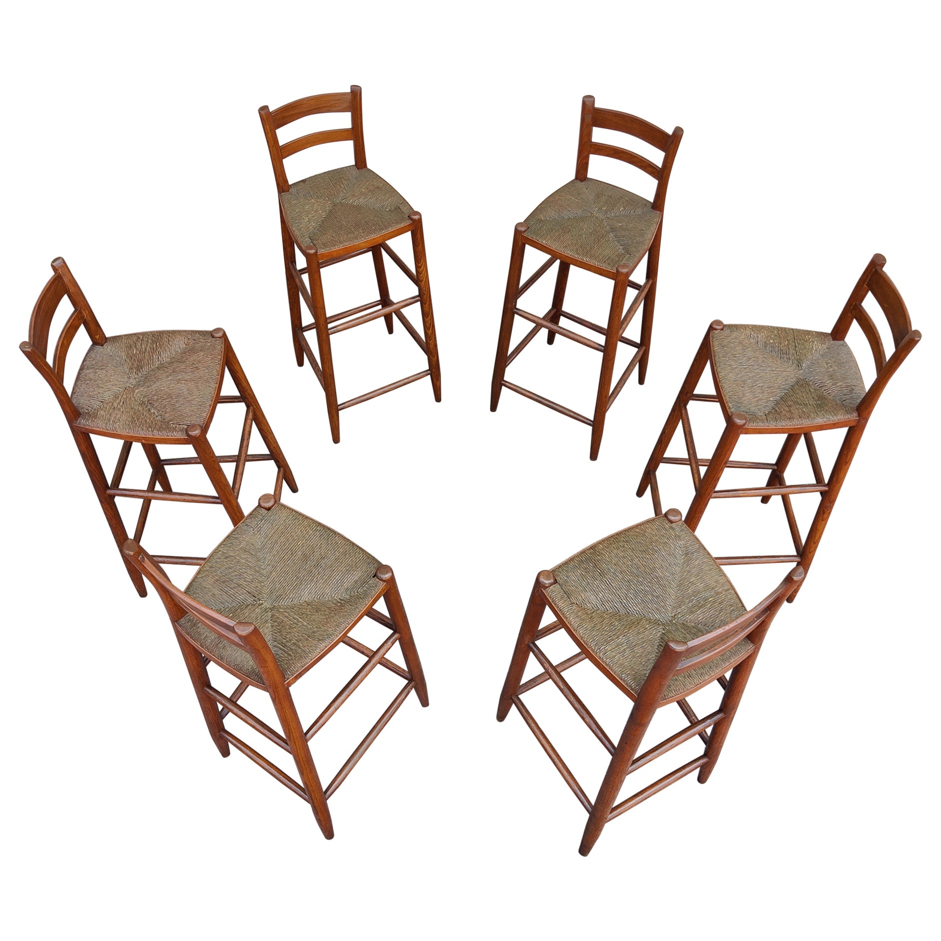 Set of Six Danish Style Oak Frames, Teak Slats, Woven Rush Seats Stools 1970s