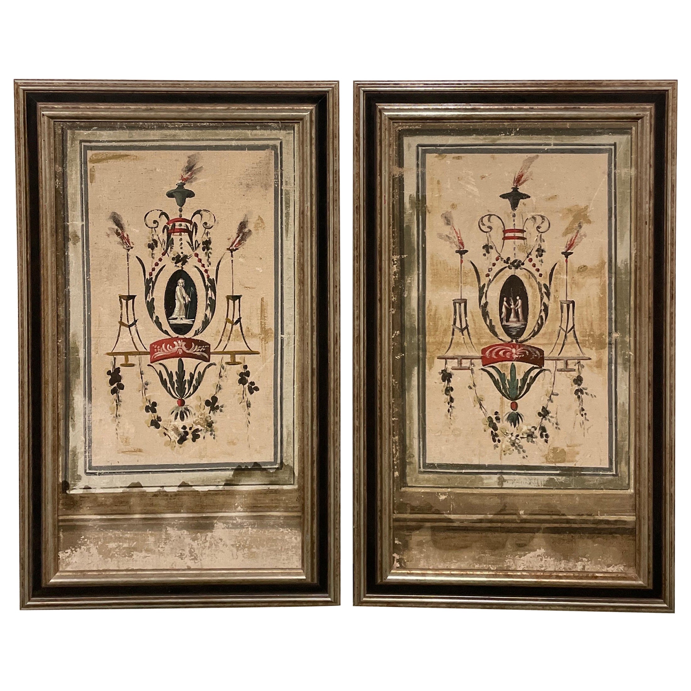 Pair of Frescoe Style Canvas Wall Panels For Sale