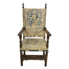18th Century Italian Baroque Carved Oak Arm Chair with Tapestry Upholstery