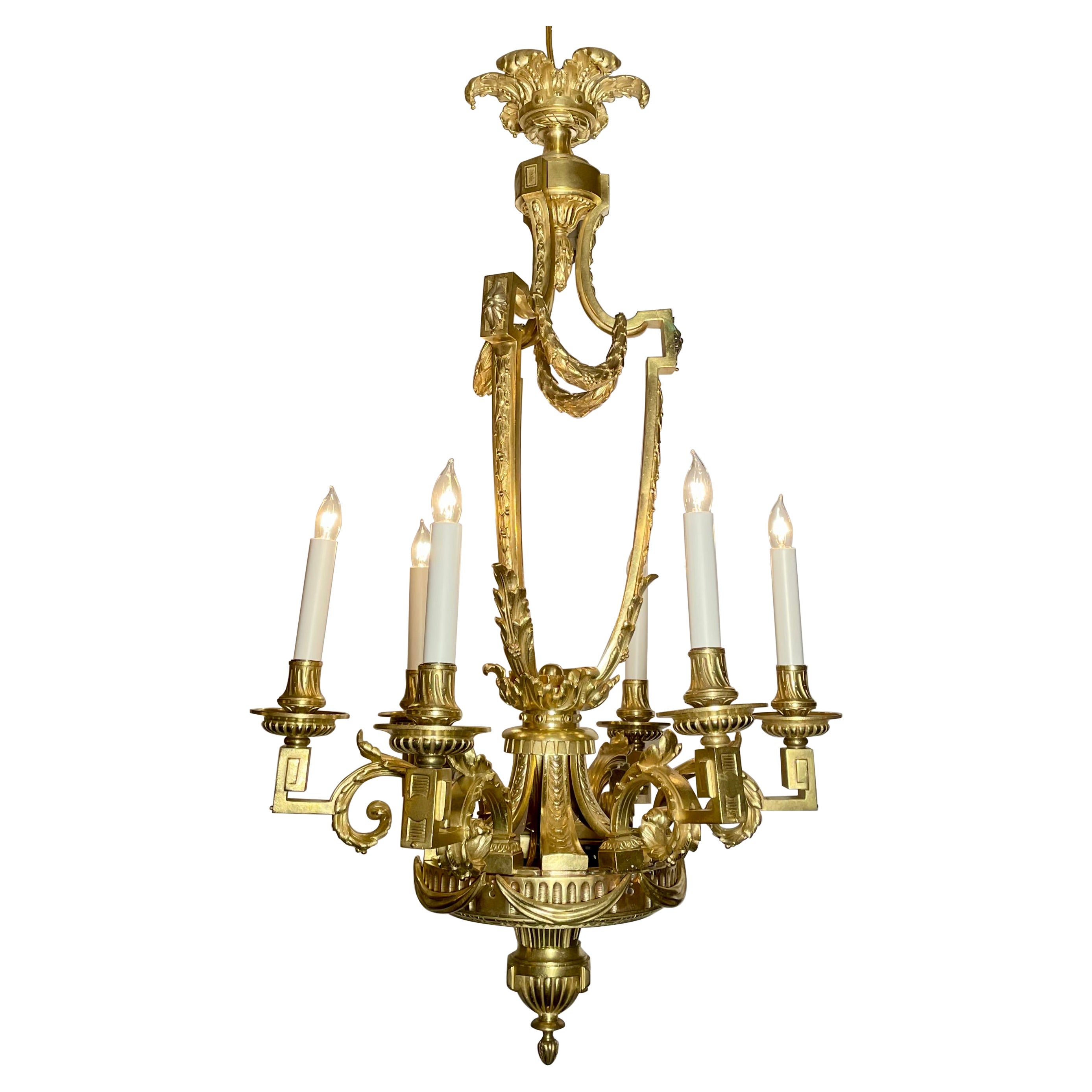 Antique French Louis 16th Six Light Bronze Chandelier circa 1890 For Sale