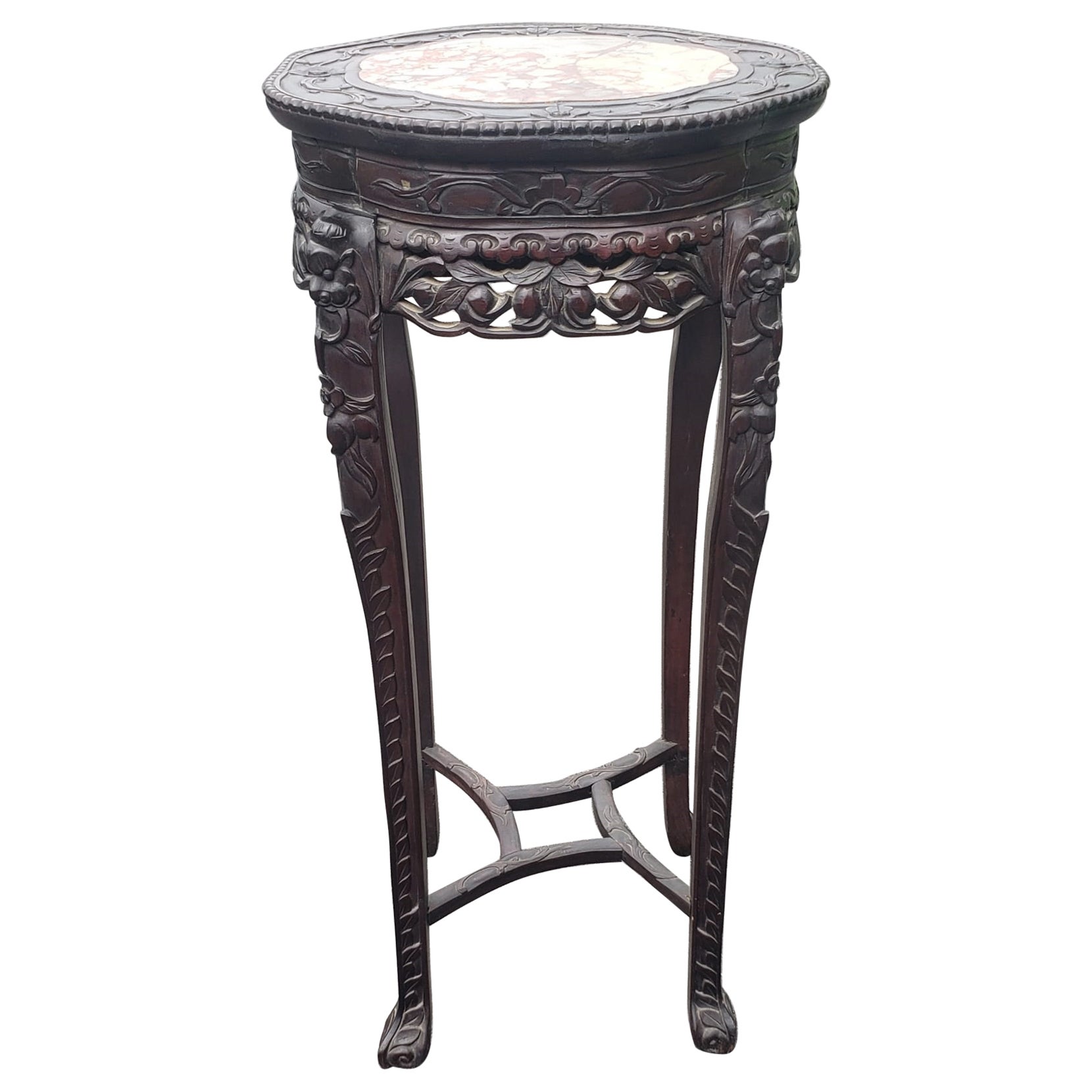 Chinese Carved Hongmu And Marble Inset Tabouret Pedestal, Circa 1900s For Sale