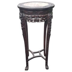 Used Chinese Carved Hongmu And Marble Inset Tabouret Pedestal, Circa 1900s