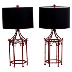 Pair of Chinese Chippendale Style Red Metal Table Lamps