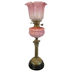 Outstanding Quality Antique Victorian Brass and Pink Glass Oil Lamp