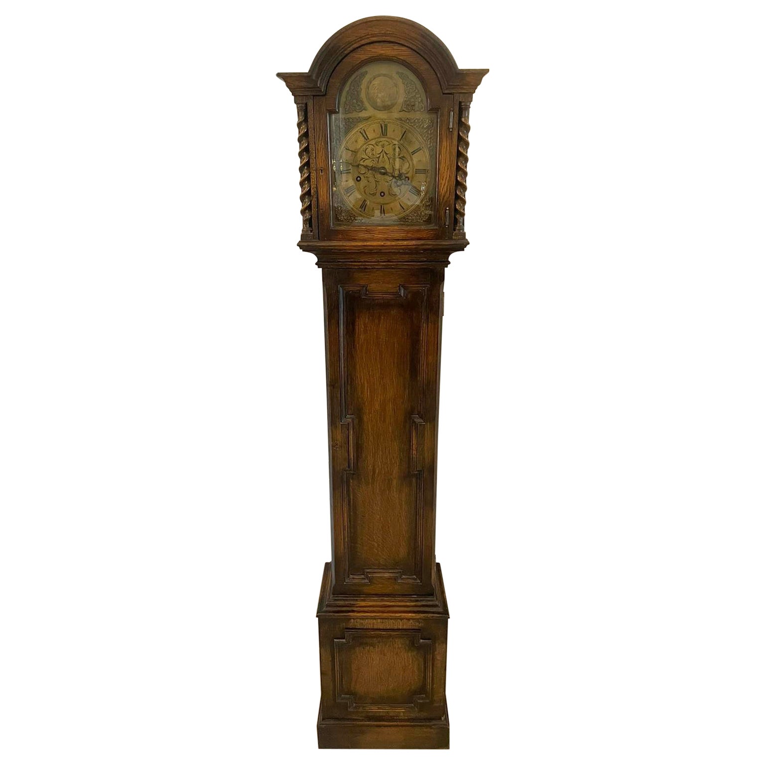 Antique Quality Oak Brass Face Eight Day Chiming Grandmother Clock For Sale