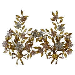 Maison Baguès Stile 3 luci Fiori di Cristallo Rosa Fiocco Tole Sconcese, circa 1930