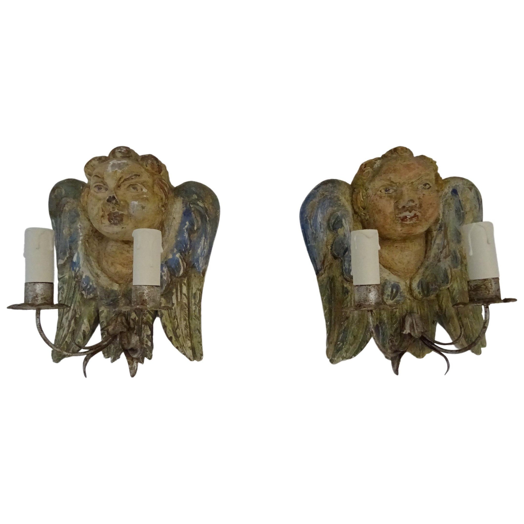 Italian Hand Carved and Painted Cherub Angel Wood Polychrome Sconces circa 1940