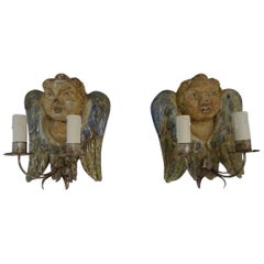 Italian Hand Carved and Painted Cherub Angel Wood Polychrome Sconces circa 1940