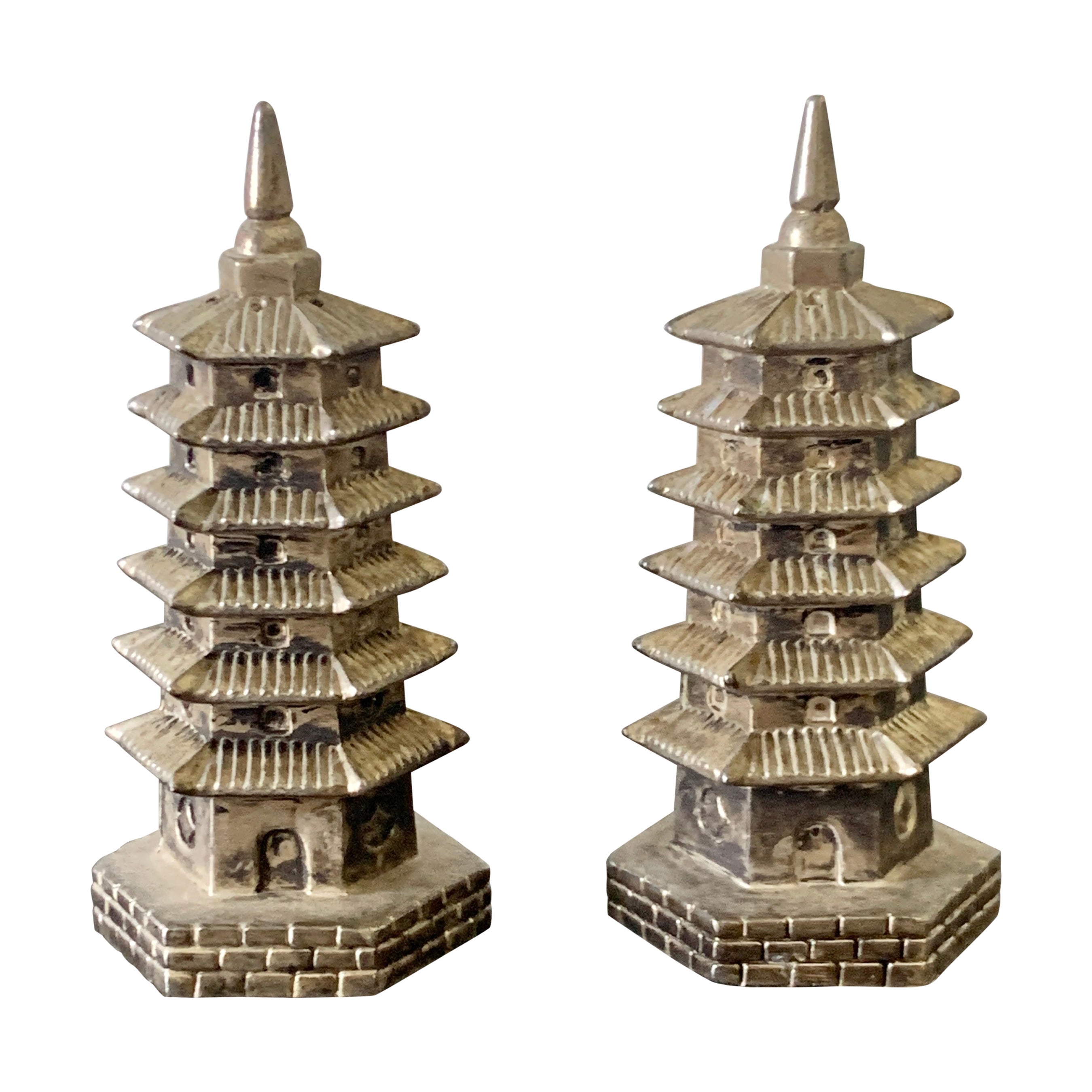 Silver Godinger Chinoiserie Pagoda Salt and Pepper Shakers For Sale