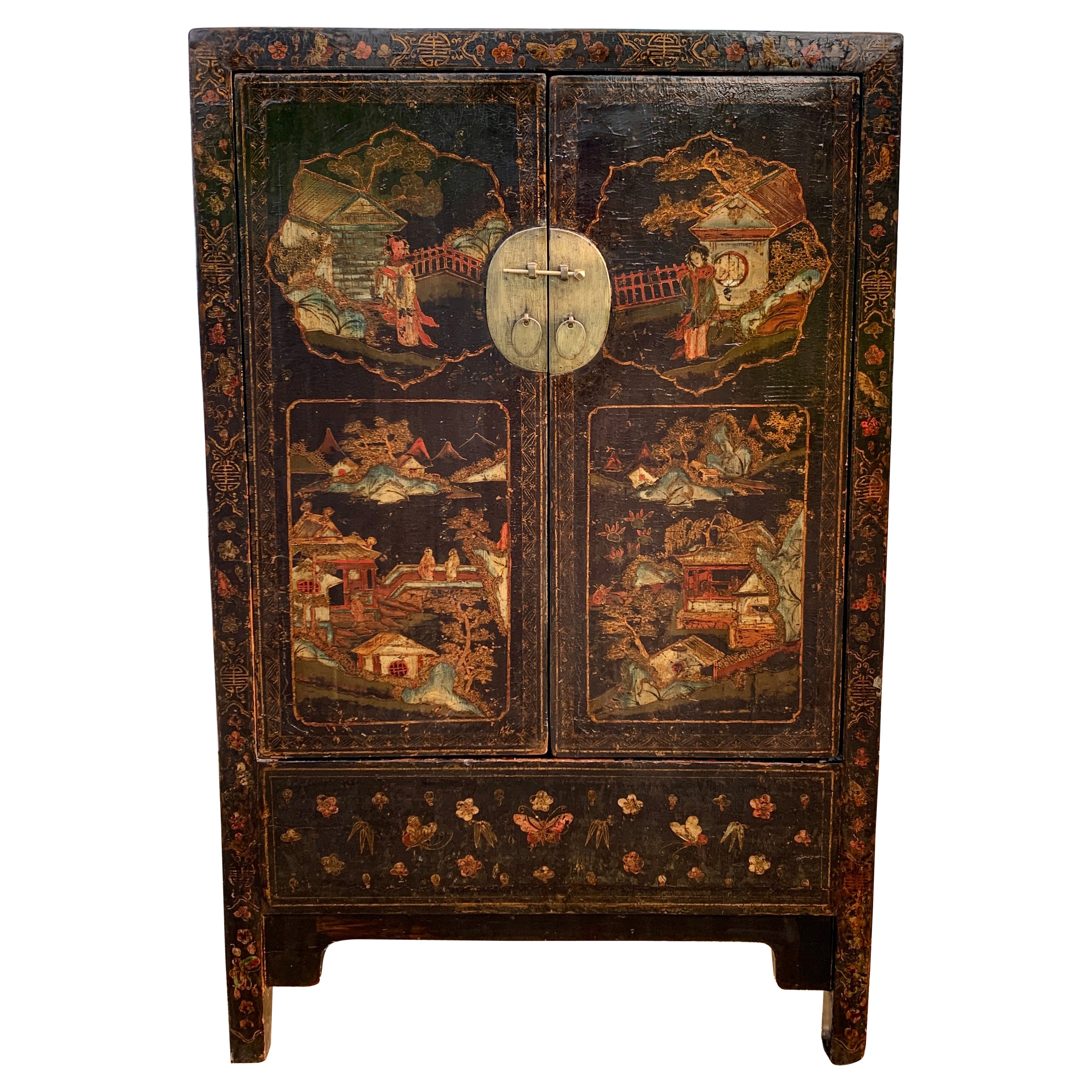 Antique Chinese Qing Dynasty Shanxi Painted Lacquer Cabinet, 19th Century For Sale