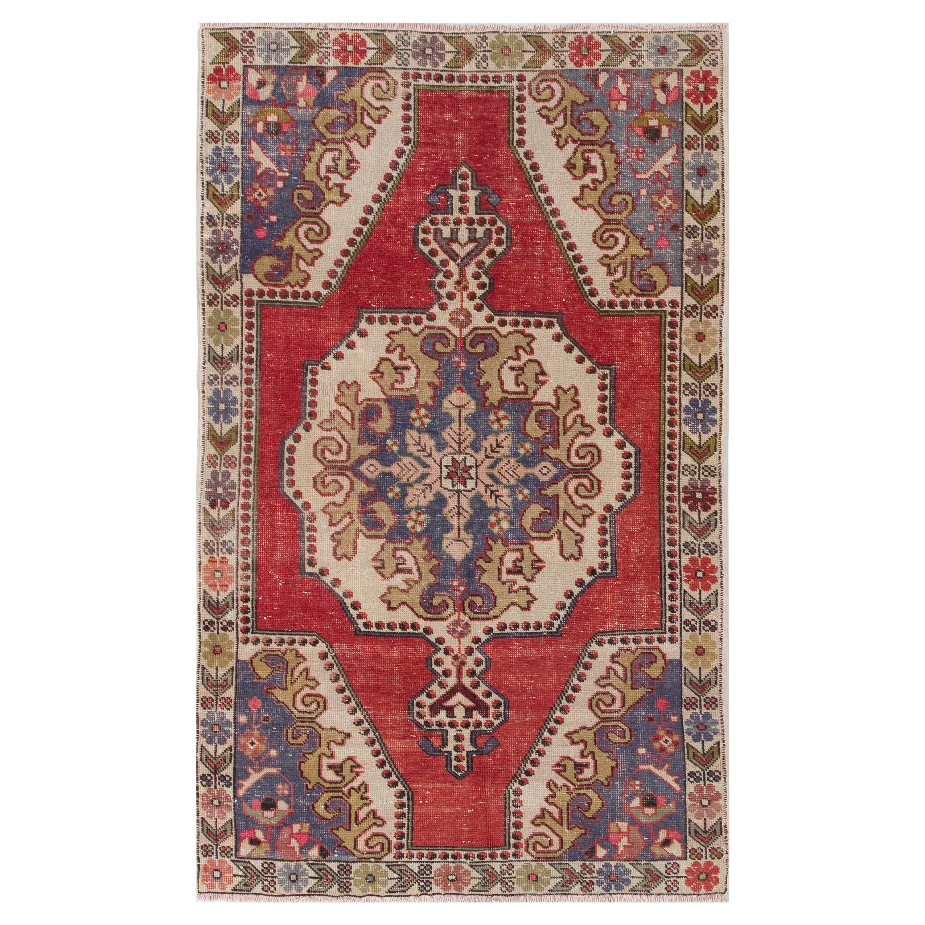 4.4x7.2 Ft Unique Anatolian Accent Rug with Floral Border. Red, Beige and Blue For Sale