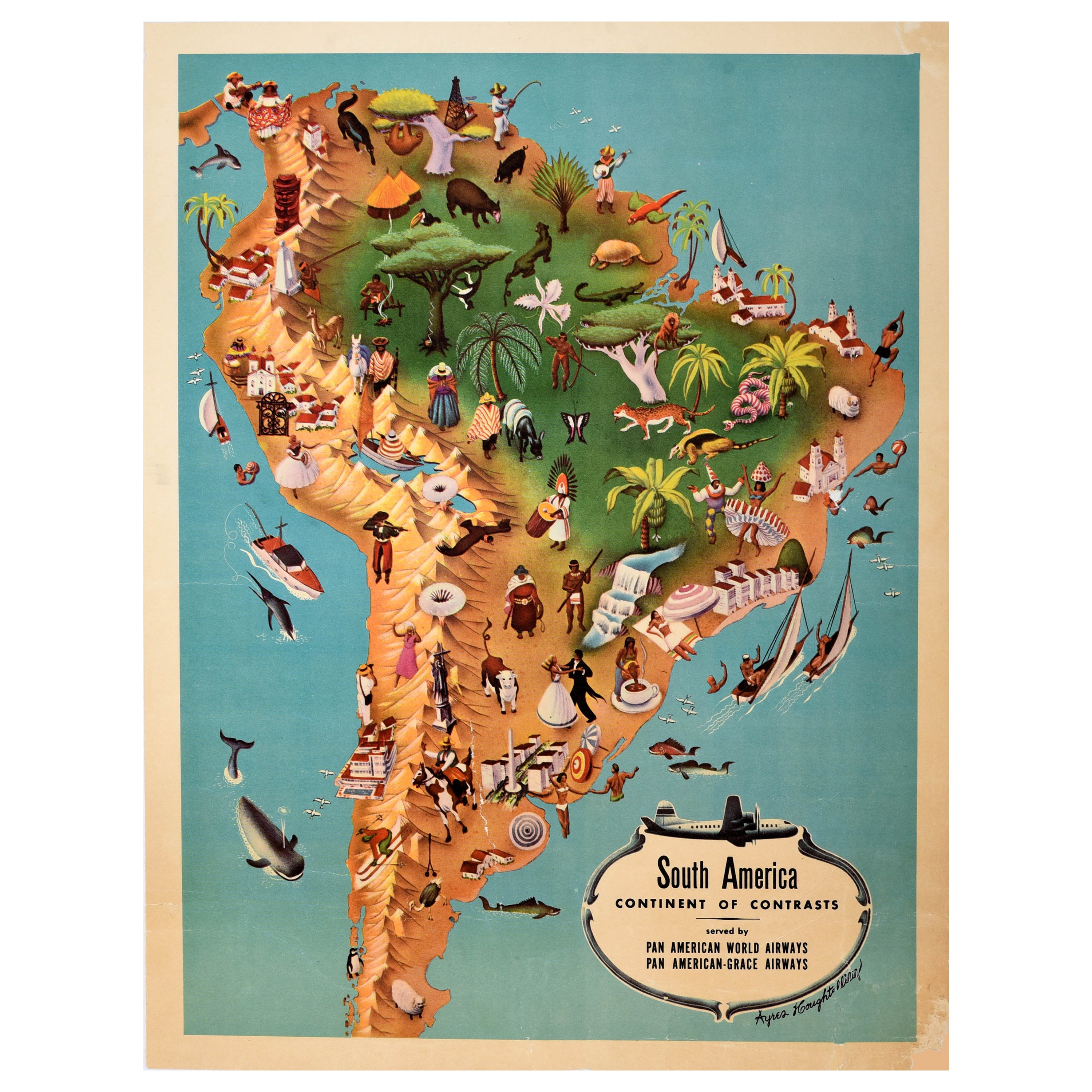 Affiche rétro originale d'une carte de voyage Pan Am d'Amérique du Sud, Continent des contrastes