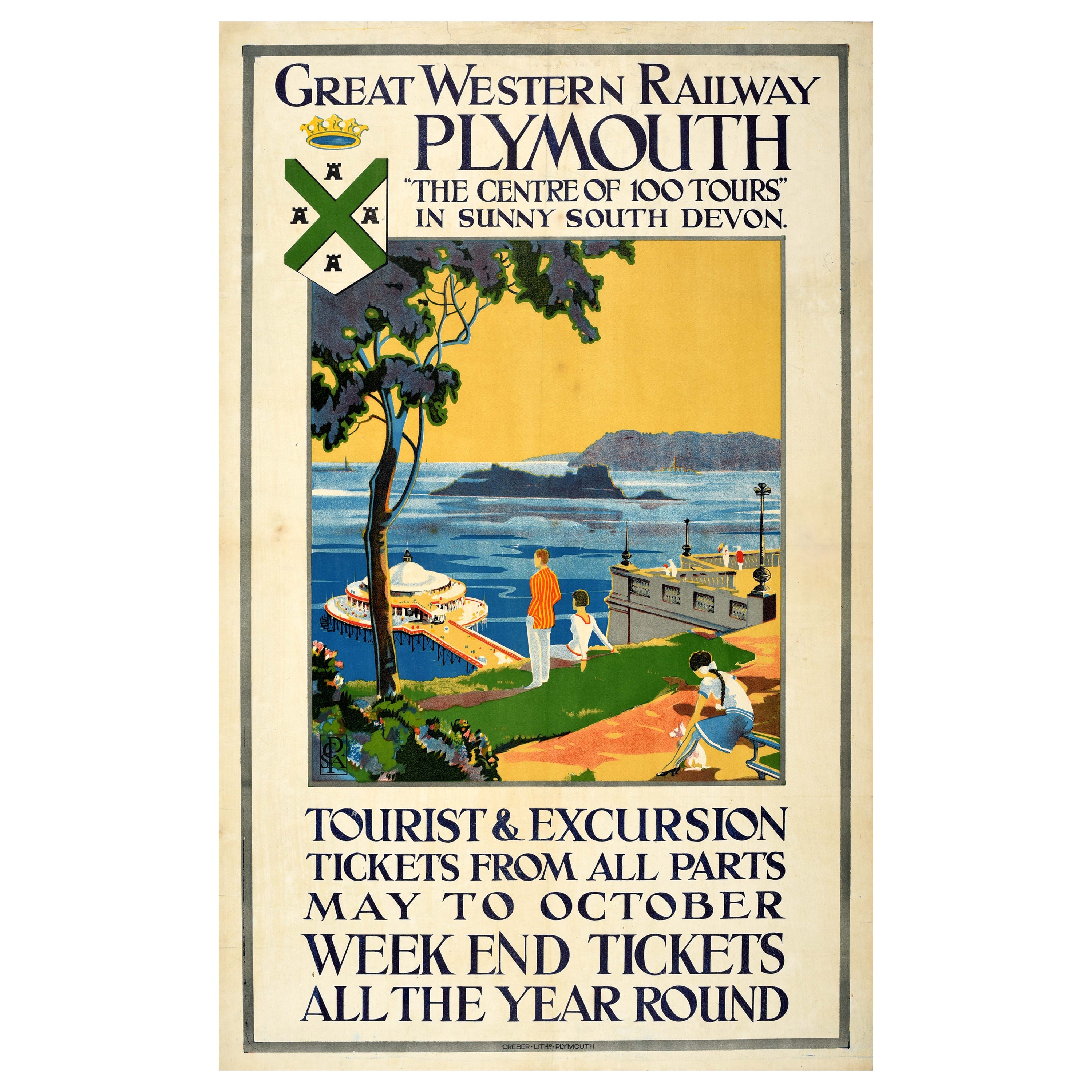 Original Antique Train Travel Advertising Poster Plymouth Sunny South Devon GWR For Sale