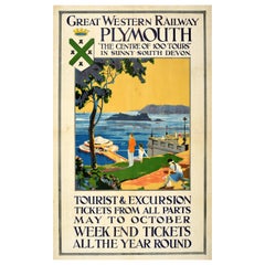 Original Used Train Travel Advertising Poster Plymouth Sunny South Devon GWR