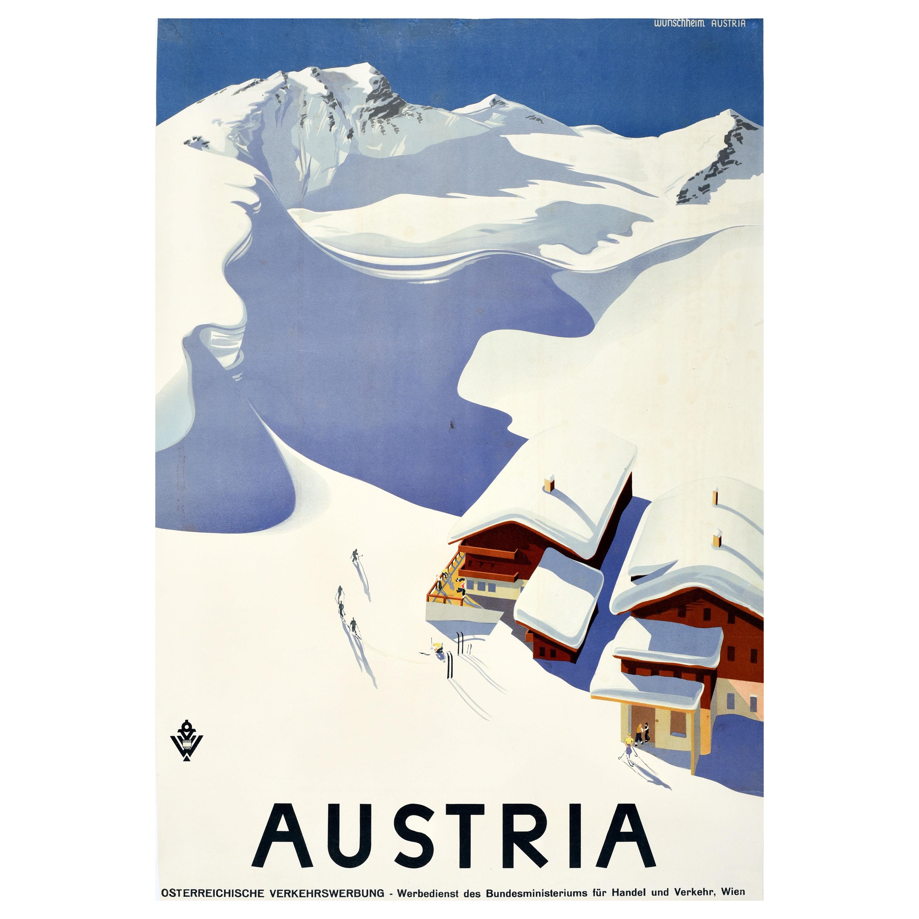 Original Vintage Winter Sport Skiing Travel Poster Austria Ski Chalet Wunschheim For Sale