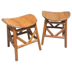 Mid-Century Pencil Reed & Rattan Stools, a Pair