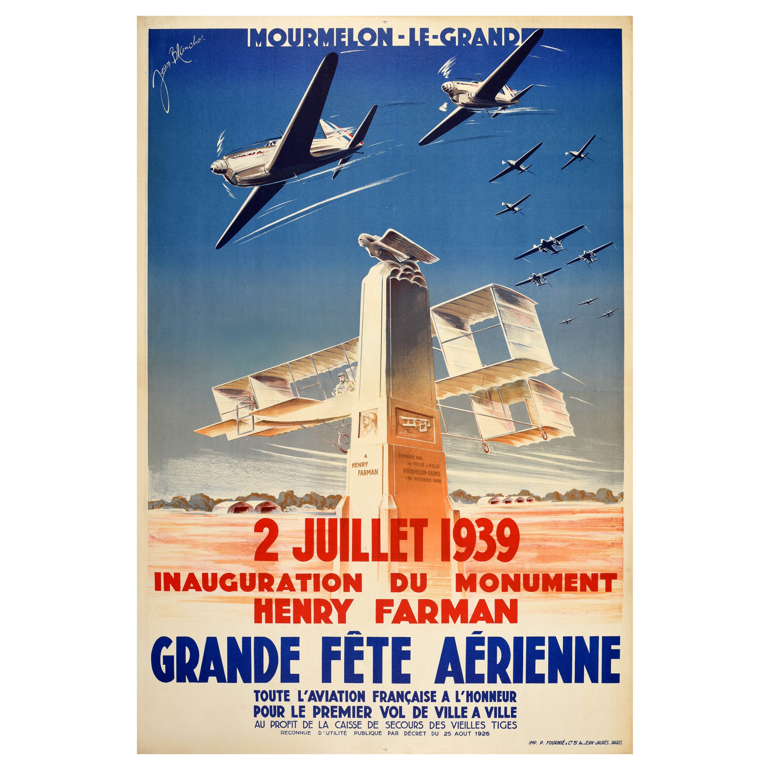 Original Vintage Advertising Poster Aviation Festival Henry Farman Art Deco For Sale