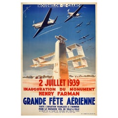 Affiche publicitaire vintage d'origine Henry Farman, Festival de l'aviation, Art déco