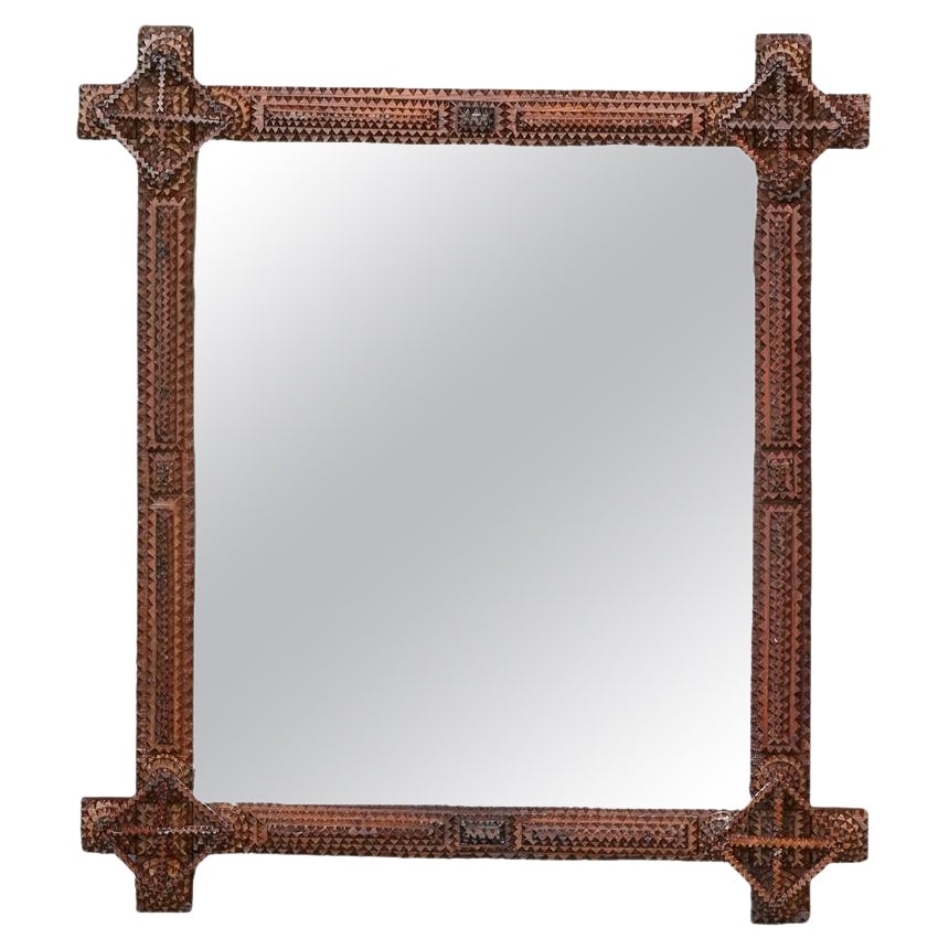 Turn of the Century French Carved Tramp Art Mirror with Geometric Motifs, 1900s For Sale
