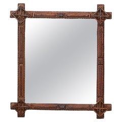 Antique Turn of the Century French Carved Tramp Art Mirror with Geometric Motifs, 1900s