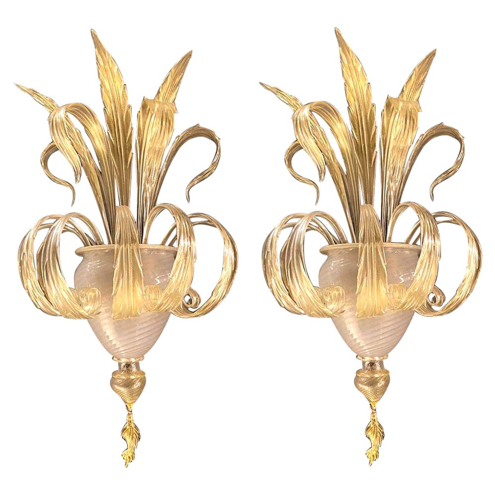 Pair of Sumptuous Gold Murano Glass Leave Wall Sconces For Sale