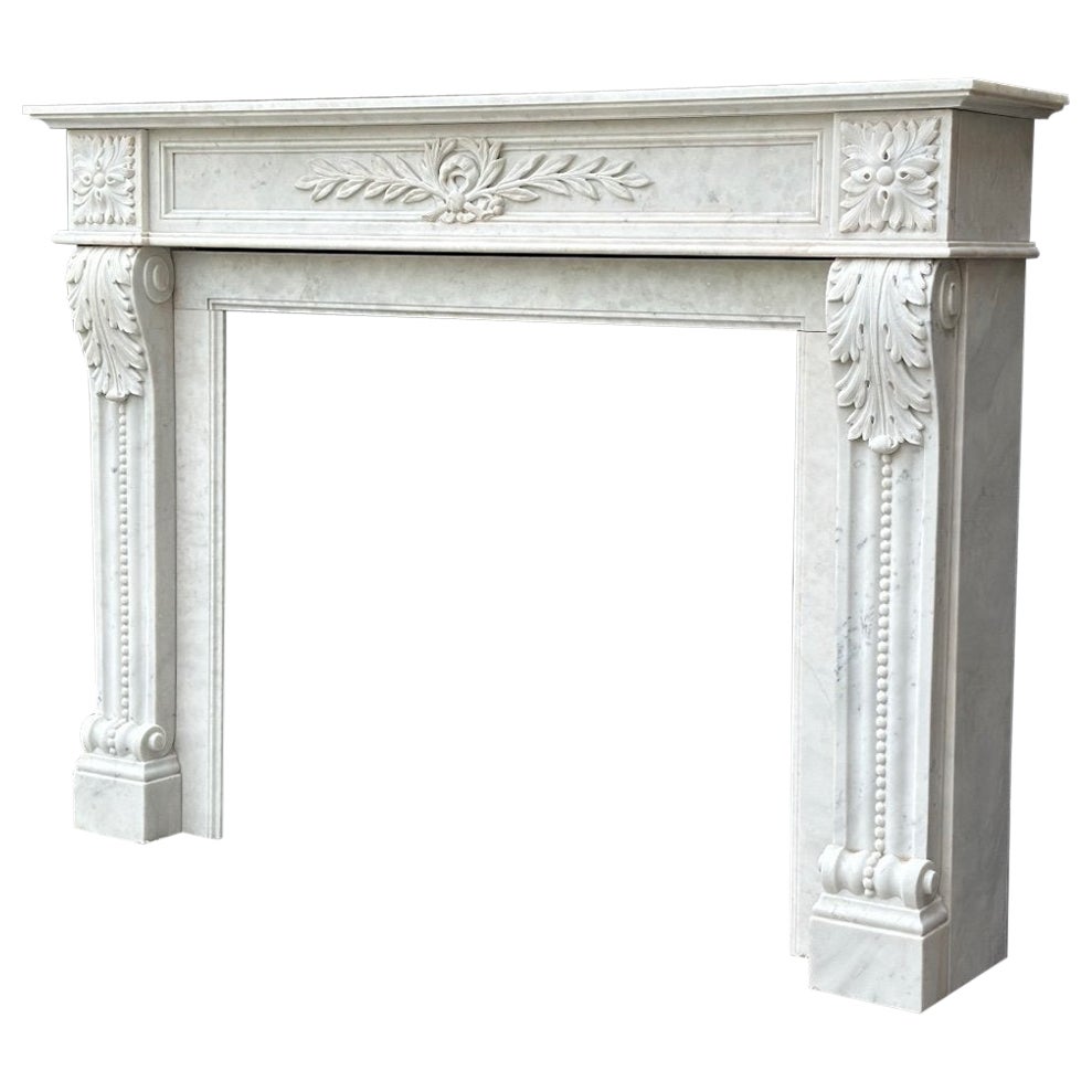 Louis XVI Style Fireplace In White Carrara Marble, Circa 1980