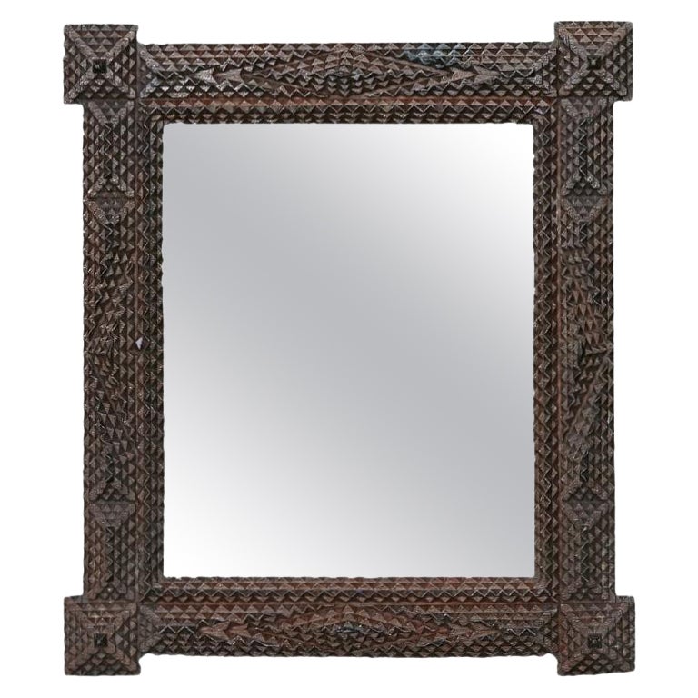 1900s Turn of the Century French Tramp Art Mirror with Carved Geometric Motifs For Sale