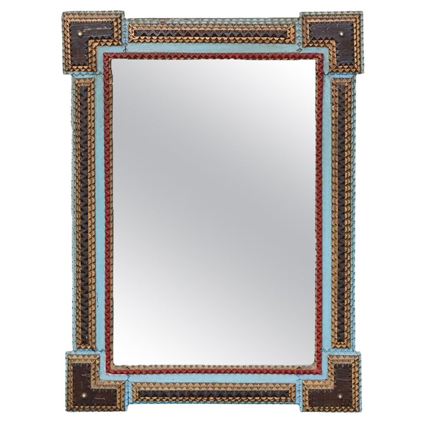 Tramp Art Polychrome French Hand-Carved Mirror with Protruding Corners, 1900s