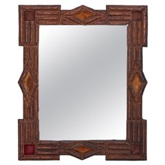 Tramp Art Carved Wooden Mirror circa 1900 France, with Orange and Red Accents