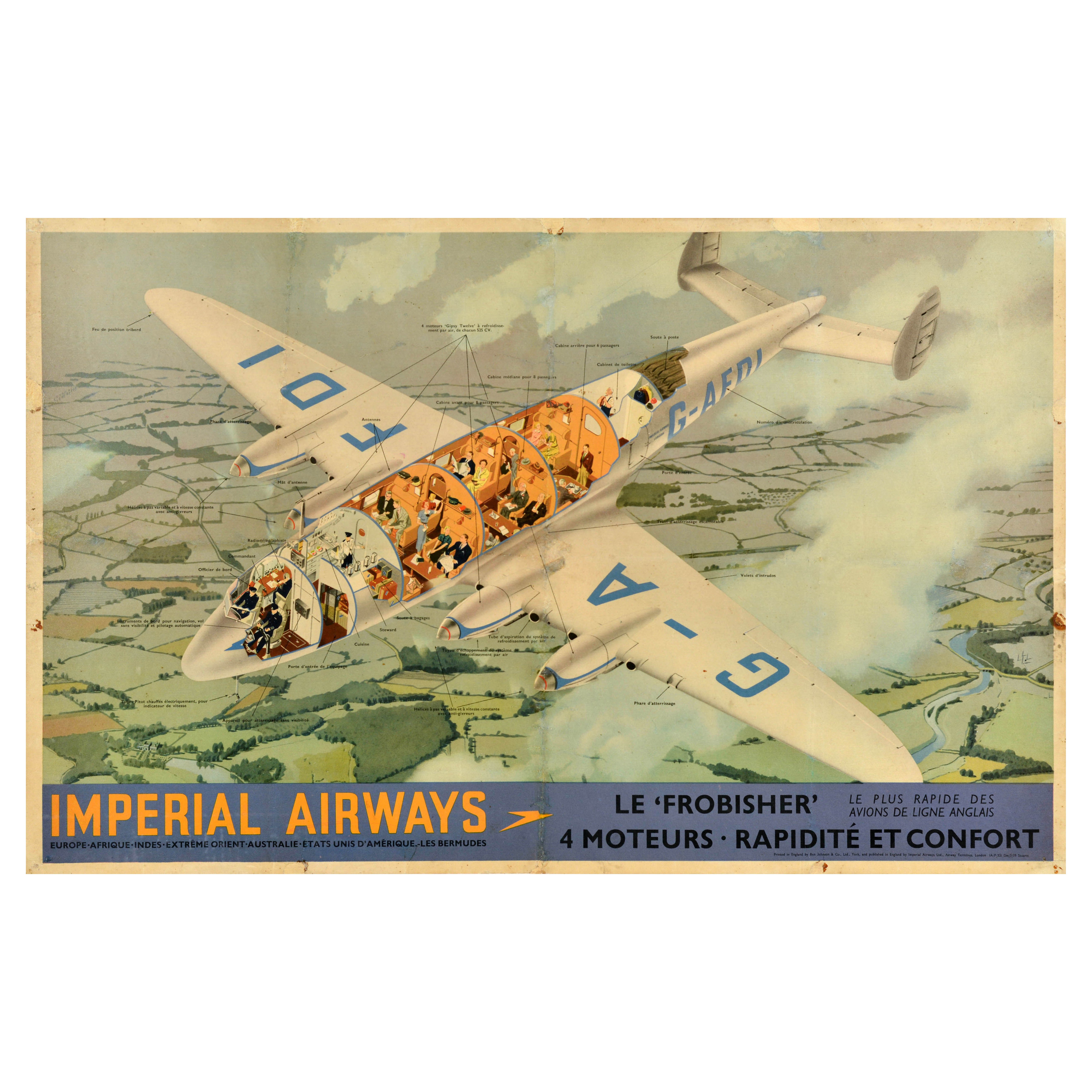 Original Vintage Travel Advertising Poster Imperial Airways Le Frobisher Design For Sale