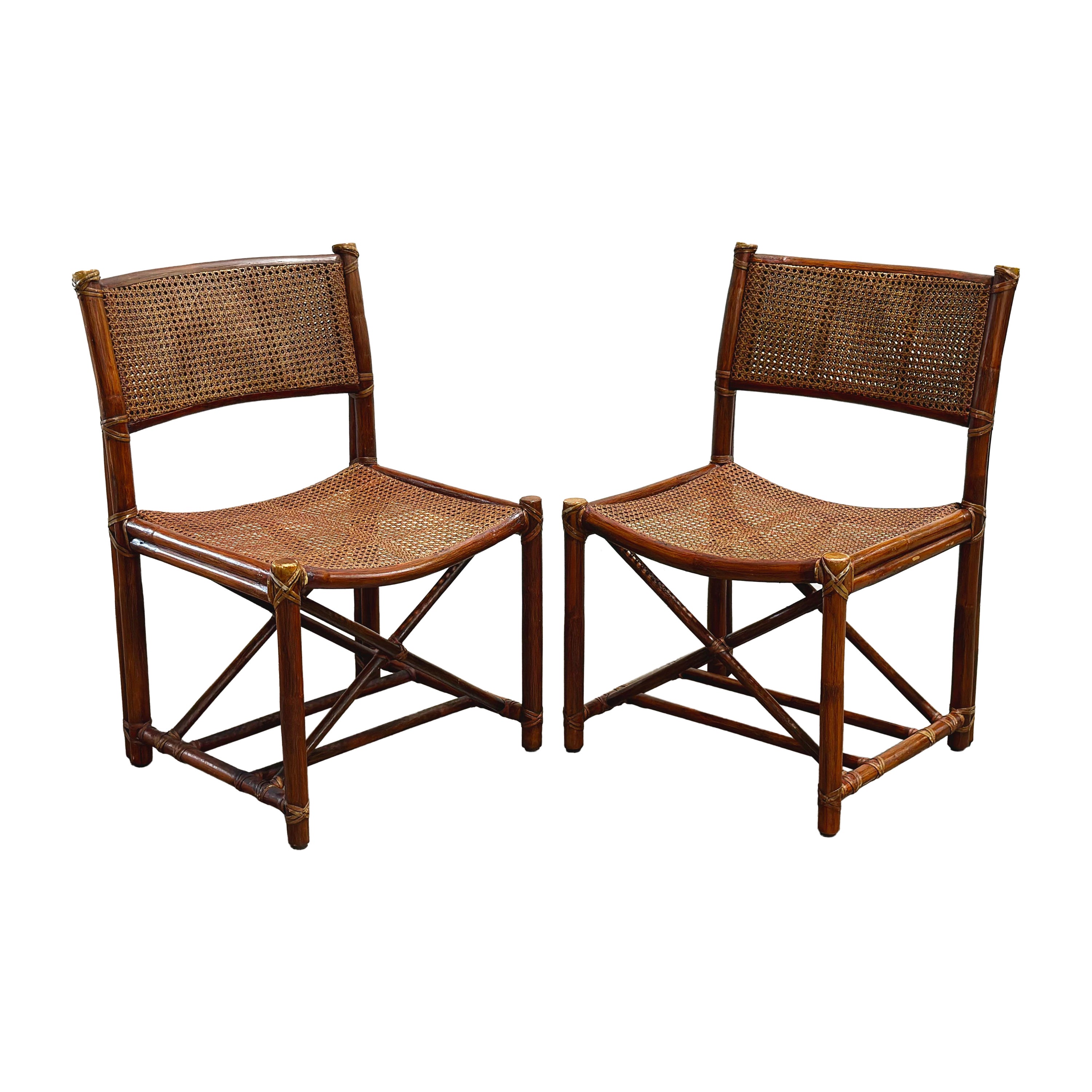 Pair Vintage McGuire Director Style Organic Modern Caned Rattan Dining Chairs For Sale