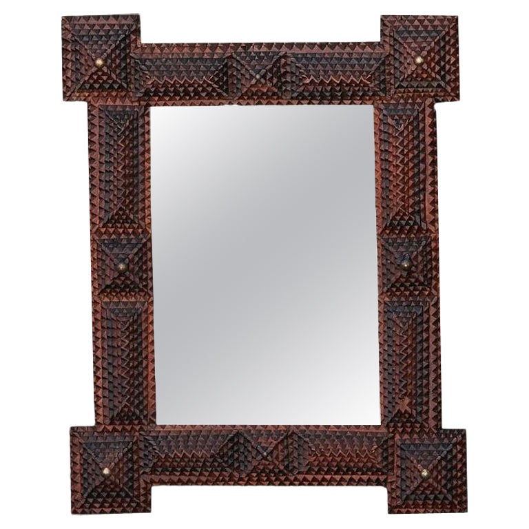 Two-Toned French Turn of the Century 1900s Hand Carved Tramp Art Wooden Mirror For Sale