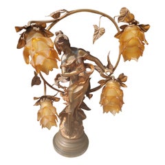 Early 20thC Gilt Bronzed Figural Table Lamp "Libellule" by August Moreau