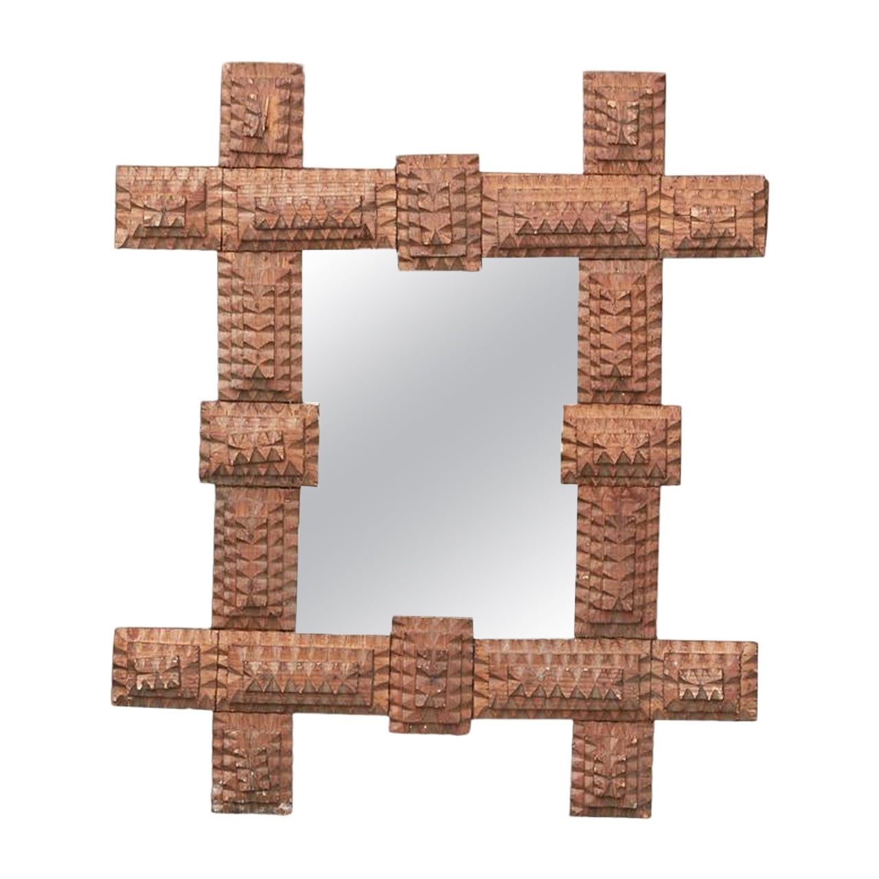 Petite Turn of the Century French Brown Tramp Art Mirror with Protruding Corners For Sale