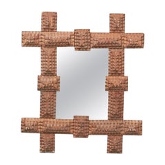 Petite Turn of the Century French Brown Tramp Art Mirror with Protruding Corners