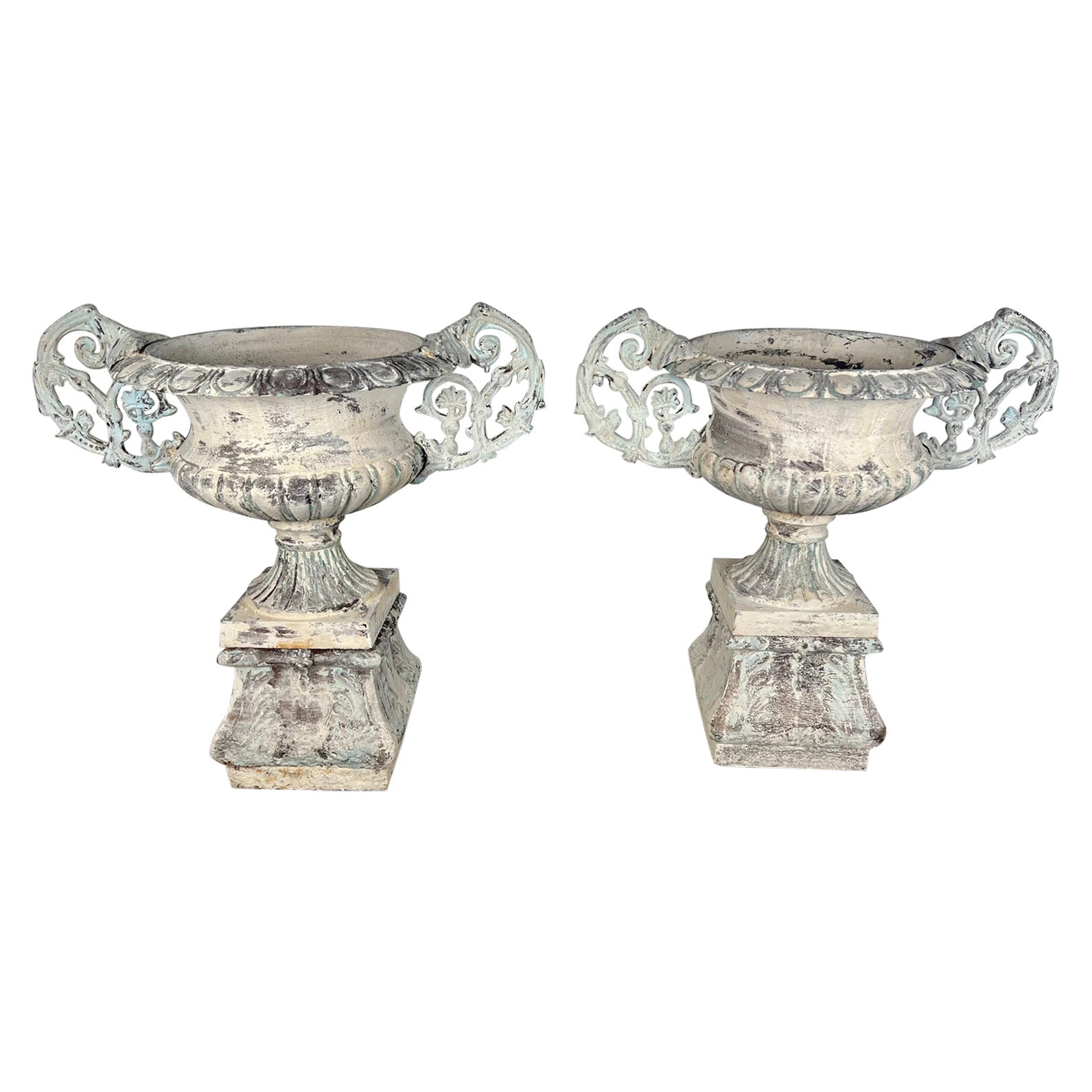 Pair of 19th C. French Cast Iron & Painted Urns For Sale