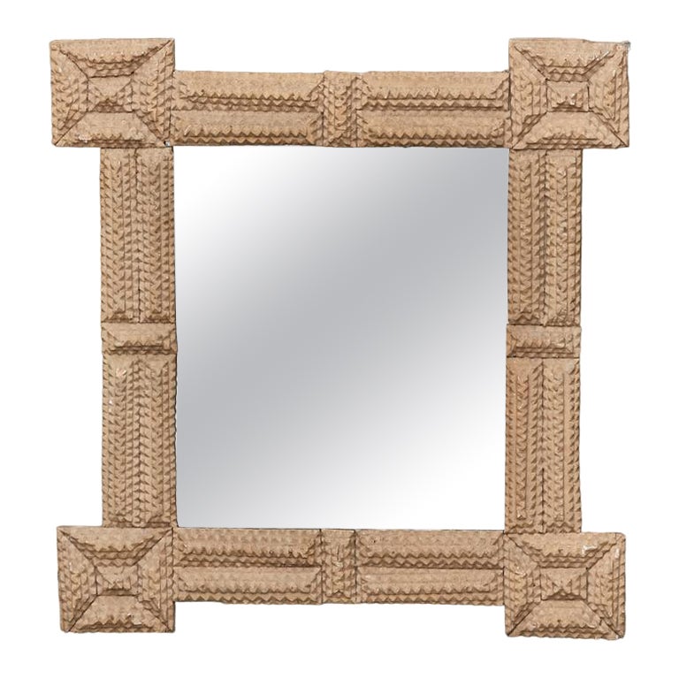 French Turn of the Century Hand Carved Tramp Art Mirror with Protruding Corners For Sale