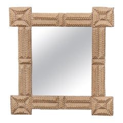 French Turn of the Century Hand Carved Tramp Art Mirror with Protruding Corners