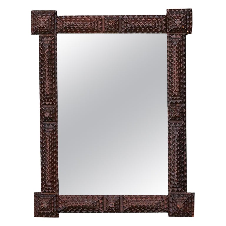 French 1900s Tramp Art Hand Carved Wood Mirror with Protruding Pyramidal Motifs For Sale