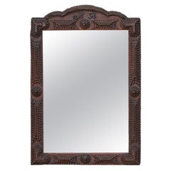 French Tramp Art Turn of the Century Mirror with Hand-Carved Crest and Monogram