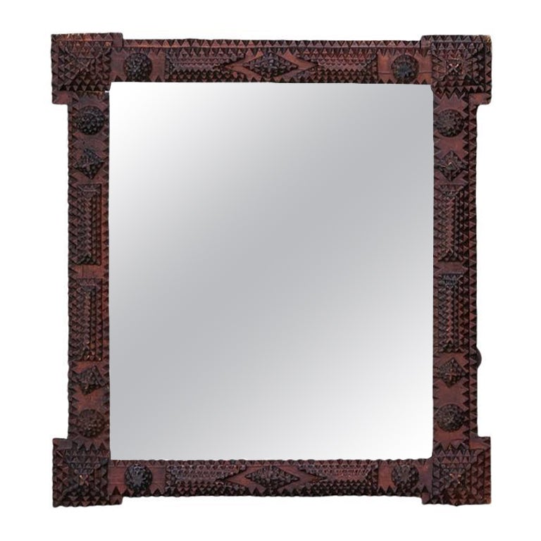French Tramp Art Turn of the Century Mirror with Geometric Motifs, circa 1900 For Sale