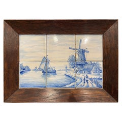 Antique 19th Century French Blue and White Painted Faience Delft Tile in Oak Frame