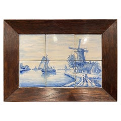 Antique 19th Century French Blue and White Painted Faience Delft Tile in Oak Frame