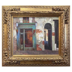 Vintage French Oil on Canvas Parisian Shop Painting in Gilt Frame Signed Simon