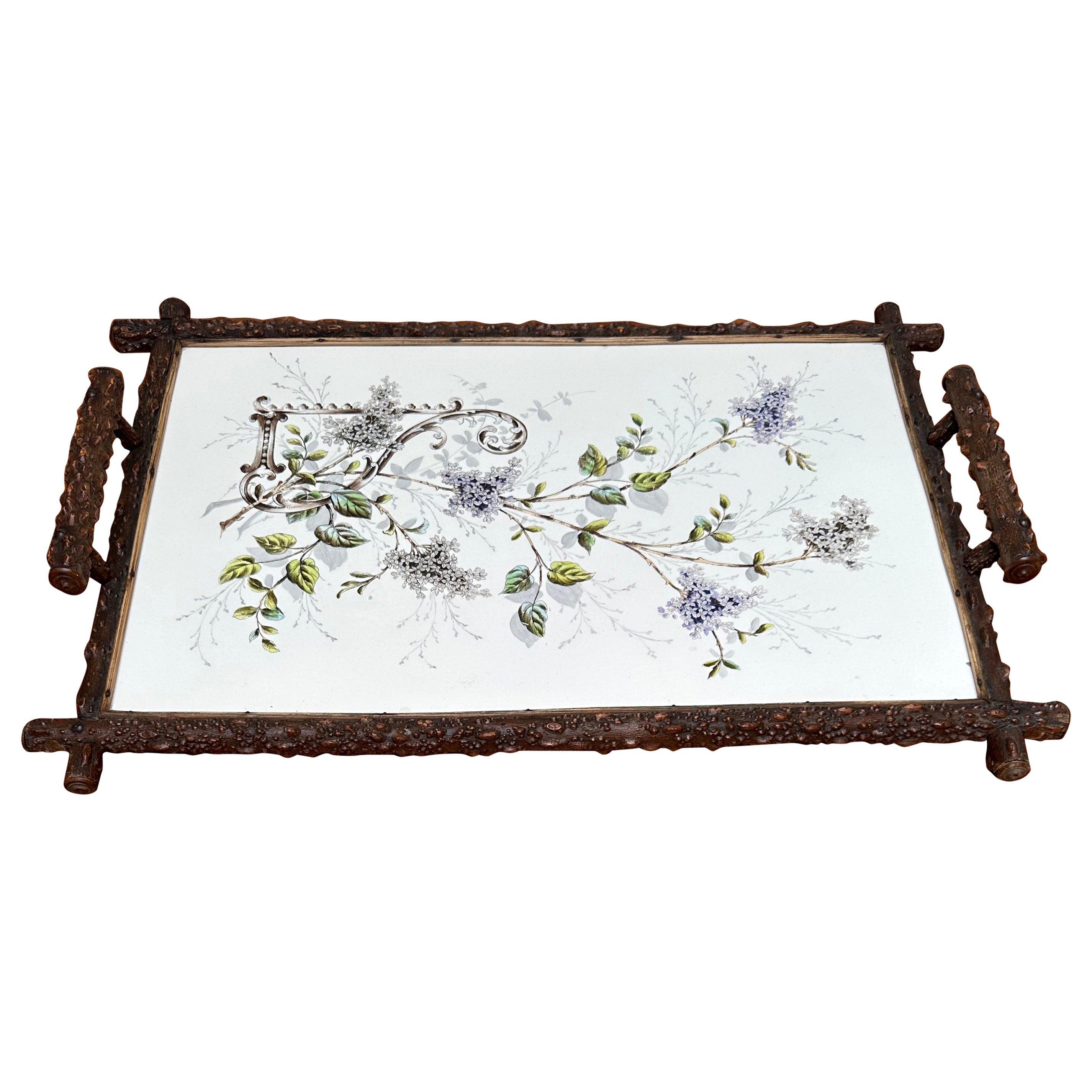 Antique & Extra Large Arts & Crafts Hand Painted Flower Decor, Tile Serving Tray For Sale