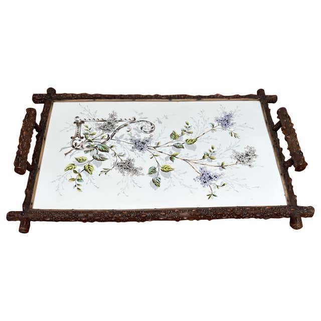 Antique and Large Nutwood Serving Tray with Intarsia Shell Inlay and ...