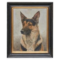 German Shepherd Painting Signed F.M Hollams, circa 1910 in Black and Gold Frame